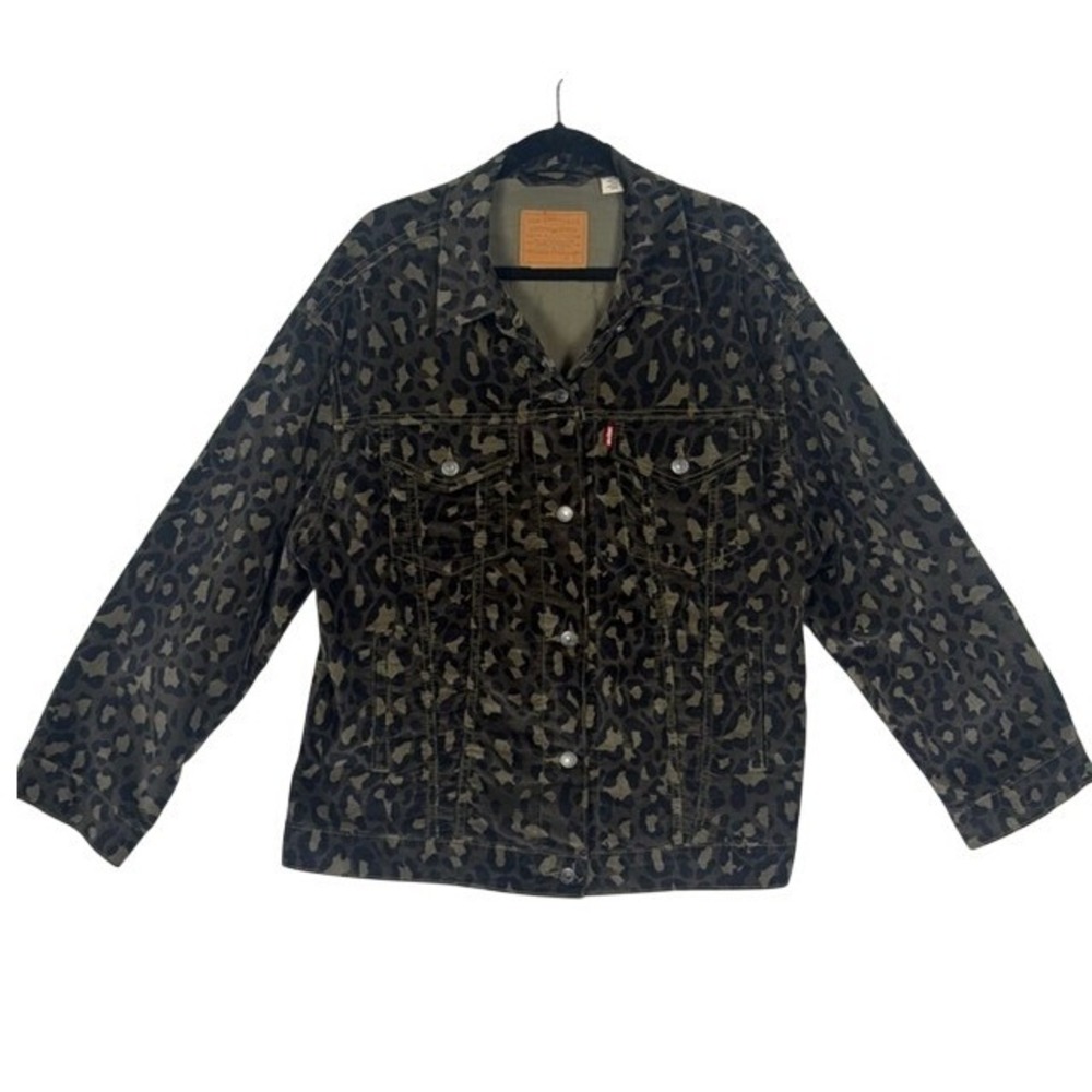 Levis Premium Womens Leopard Print Trucker Jacket Olive Green Size L Stretch